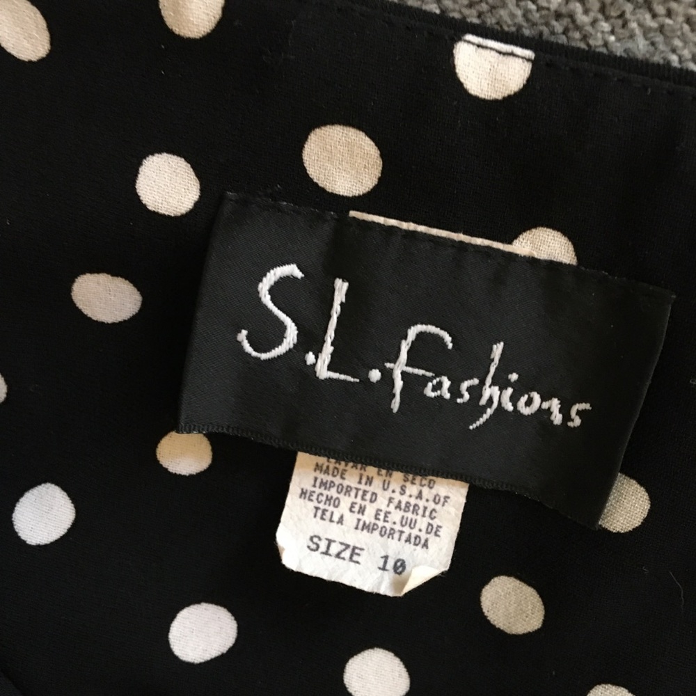 Black & white dot fit & flare dress w/ draped neck - Picture 6 of 7